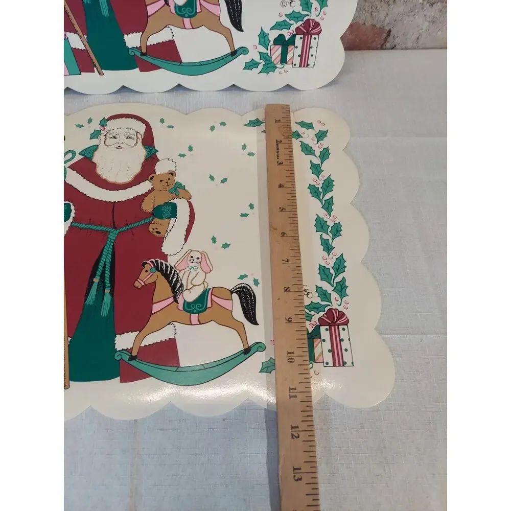 Santa Claus Christmas Placemats Set of 2 Vintage Scalloped Holly Berry Holiday